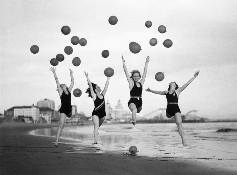 Vintage Photo Women Girls on Beach Jumping Balloons Wall Art Etsy