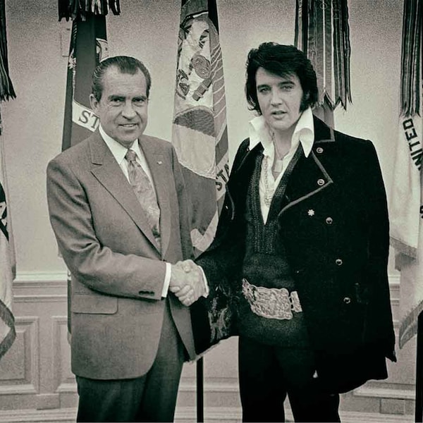 Elvis with Nixon photo wall art print poster visiting White House 1970, gift fan, black and white retro home decor, the king and president