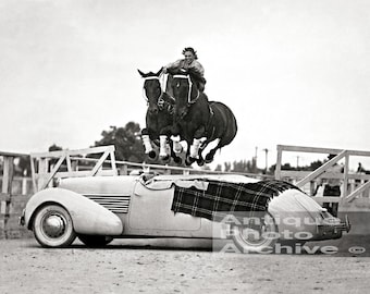 Cowgirls western wall decor vintage photo print horse rider trick jumping car gift rodeo old west cowboy history equine art poster stunt