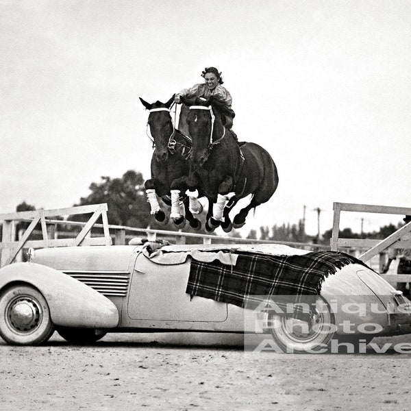 Cowgirls western wall decor vintage photo print horse rider trick jumping car gift rodeo old west cowboy history equine art poster stunt