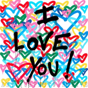 I love you wall art print poster gift for boyfriend girlfriend husband wife pop art Anniversary valentine for her for him hearts decor