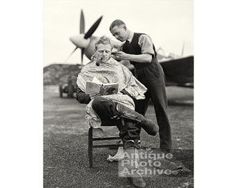Hair salon decor barber shop wall decor gift hair stylist black and white photography print vintage photo photograph ww2 wwII pilot haircut
