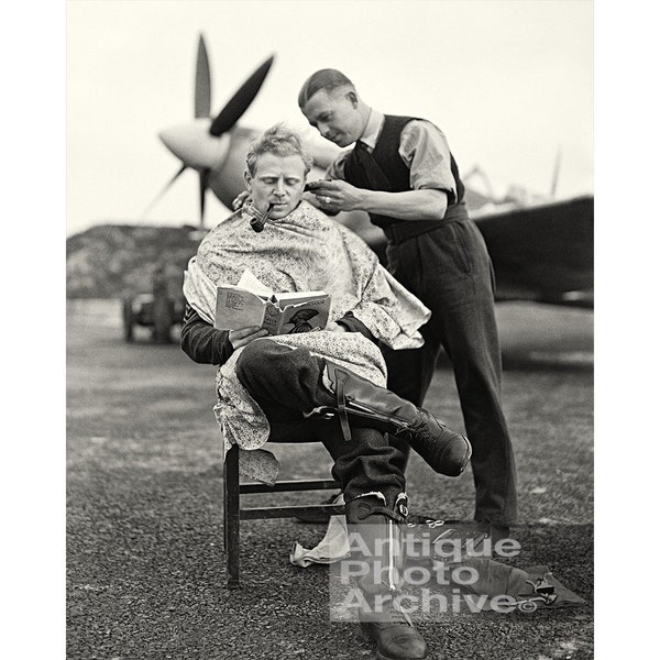 Hair salon decor barber shop wall decor gift hair stylist black and white photography print vintage photo photograph ww2 wwII pilot haircut