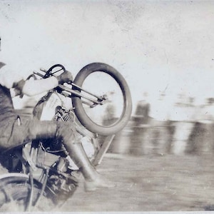 Vintage motorcycle photo wall decor art print poster gift biker black and white antique old picture guy riding man racing doing wheelie