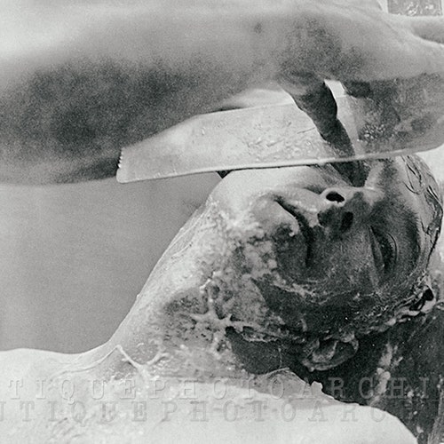 Vintage photo barber shop decor shaving razor blade weird creepy strange black and white wall print antique dark art macabre poster Hallowee