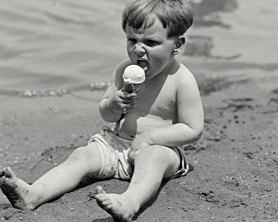 Vintage Photograph Print Little Boy Ice Cream Cone Beach House Wall Decor Poster Coastal Home Black And White Funny Toddler Humor Child 1920