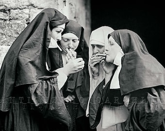 Smoking nuns photo print poster vintage women cigarette unusual unique wall decor funny humor humour habit old picture strange weird odd art