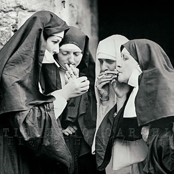 Smoking nuns photo print poster vintage women cigarette unusual unique wall decor funny humor humour habit old picture strange weird odd art