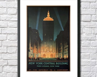 New York vintage travel poster print Park Avenue Central building NY NYC travel art retro wall decor old New York City Art Deco
