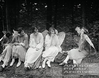 Vintage photo print smoking angels women weird photograph gift cigarette smoker black and white wall decor poster unusual unique strange art