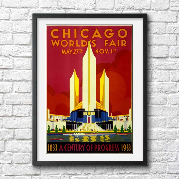 Chicago vintage travel poster print art deco decor retro wall art, Worlds Fair illustration architecture and tourism, gift for Chicagoan.