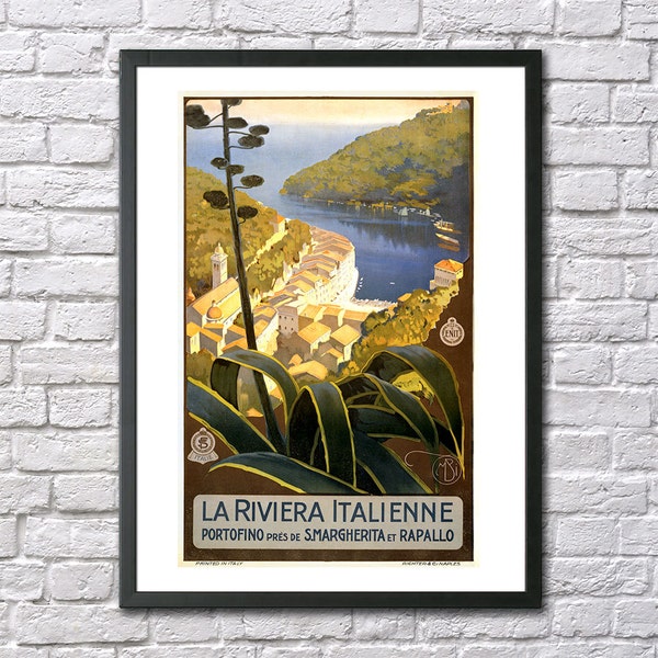 La Riviera Italienne vintage travel poster Italy print retro wall decor art Portofino retro illustration Italian Rapallo