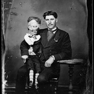 Vintage ventriloquist & dummy creepy wall art print weird strange black and white photography unusual gothic wall decor bizarre oddity gift