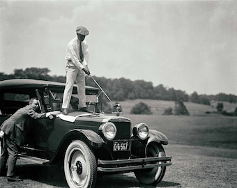 Vintage golf photography print wall art poster, golfer gift & club decor. standing on antique car golfing black and white sports 1920s.