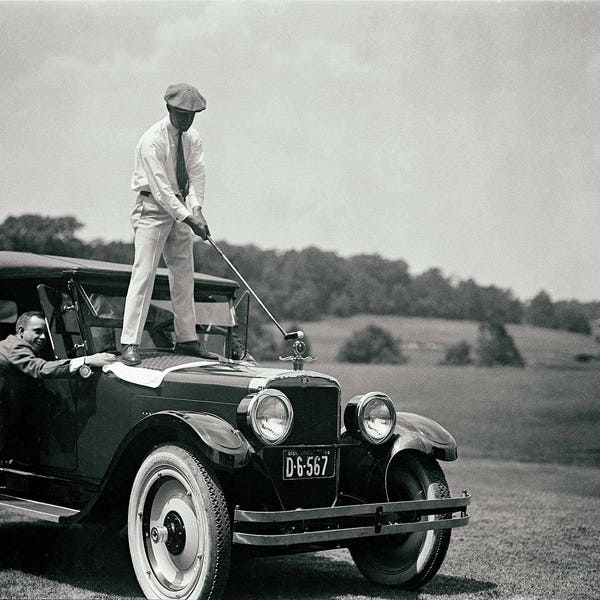 Vintage golf photography print wall art poster, golfer gift & club decor. standing on antique car golfing black and white sports 1920s.