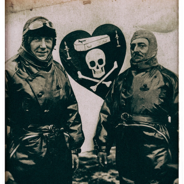 Vintage photography print WWI fighter pilots gift First World War 1 Red Baron airplane planes decor aviation skull crossbones poster