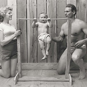 Vintage photograph baby working out personal trainer gift body builder weight lifter cross fit new dad home gym wall decor fitness first