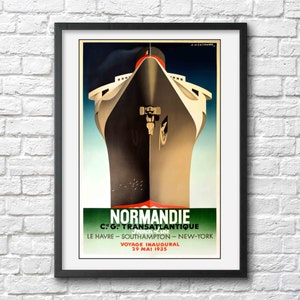 France vintage Travel poster French print tourism art deco wall decor retro ad cruise line ship transatlantic Normandie Normandy