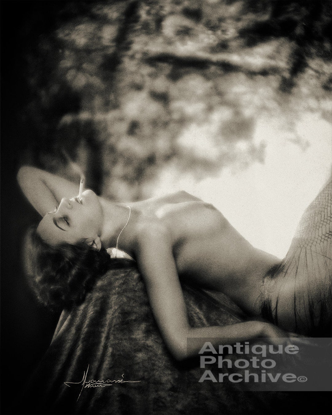 Vintage Nude Photo Print Woman Smoking Poster Black and White image