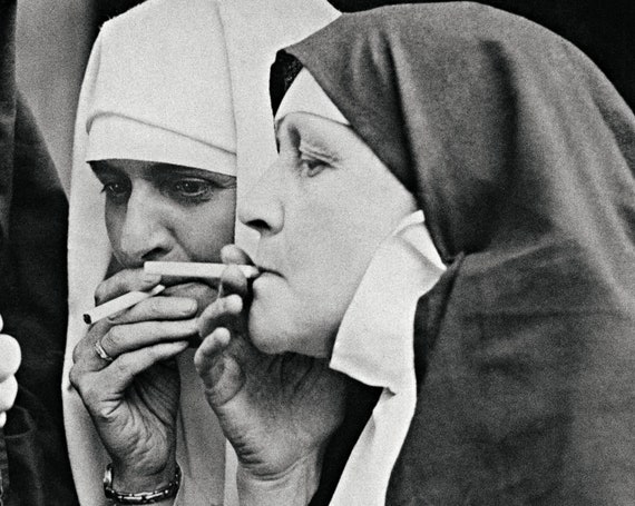 nuns smoking cigarettes print Smoking Nuns Photo Print, Vintage Funny Wall Art