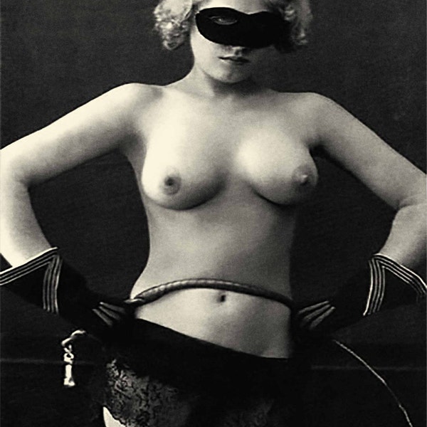 Vintage bdsm fetish photography print sexy nude woman fem dom dominatrix mistress gift crop mask erotic art black and white wall decor