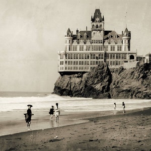 Vintage Cliff House San Francisco beach house antique Victorian photography print. Black and white wall decor historical hotel architecture