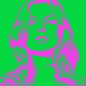 K&ouml;nnte beinhalten: Eine digitale Illustration eines Frauen Gesichts mit rosa Haaren vor einem gr&uuml;nen Hintergrund.