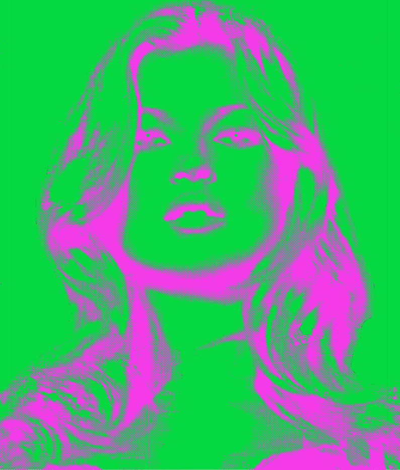 K&ouml;nnte beinhalten: Eine digitale Illustration eines Frauen Gesichts mit rosa Haaren vor einem gr&uuml;nen Hintergrund.