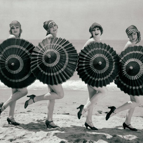 Vintage photography print women on beach poster umbrellas parasols home house wall decor black and white fine art 1920s girls beauties
