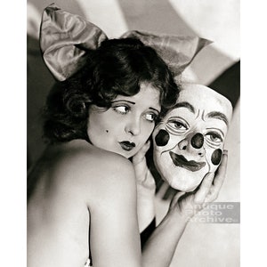 Clara Bow photo print poster vintage clown mask weird strange unusual Old Hollywood actress antique black and white wall decor art 1920s
