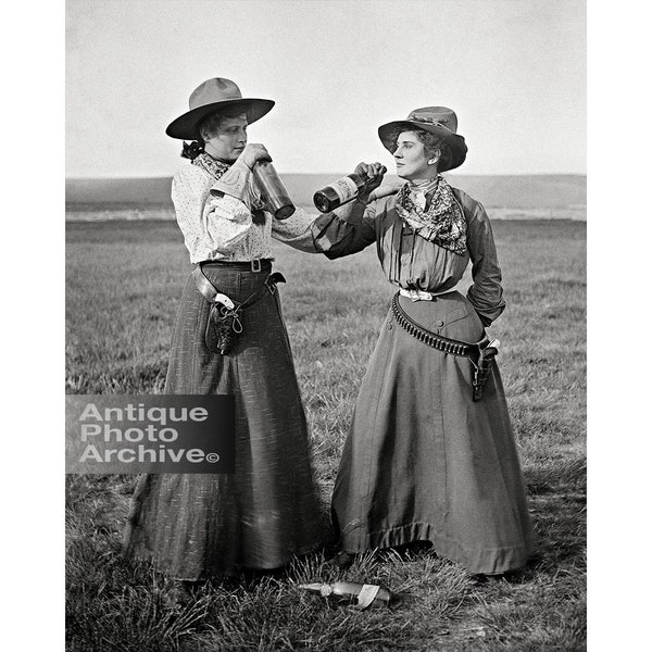 Cowgirls women drinking photo print poster vintage western wall decor bar ladies liquor guns Wild West girls whiskey America history picture