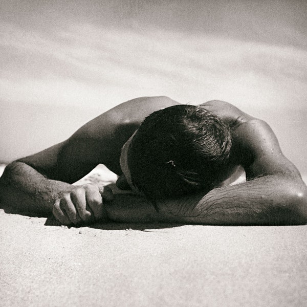 Gay decor wall art print vintage photo poster beautiful man sunbathing on beach house home coastal male physique gift couple Max Dupain