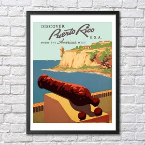 Puerto Rico vintage travel poster print Old San Juan antique travel art retro Puerto Rican wall decor tourism retro illustration