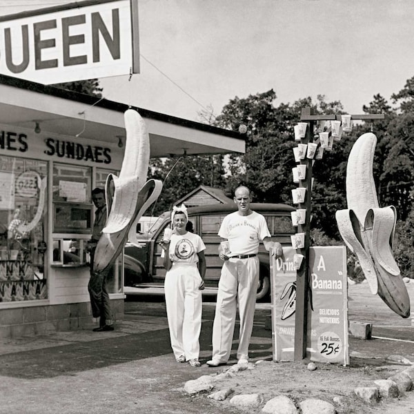 Vintage photo print queer gay wall art poster retro funny humor gift Dairy Queen diner decor black and white "DRINK A BANANA" Queen