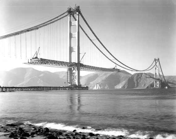 San Francisco Golden Gate Bridge vintage photo print poster wall decor art gift black and white during construction unique unusual