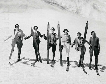 Snow skiing vintage photo women skiers poster print photograph mountain cabin wall decor ski gift skier girls winter sports black and white