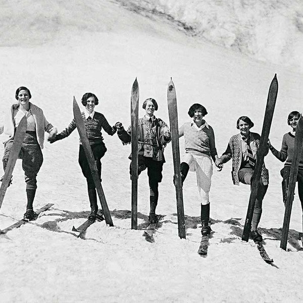 Snow skiing vintage photo women skiers poster print photograph mountain cabin wall decor ski gift skier girls winter sports black and white