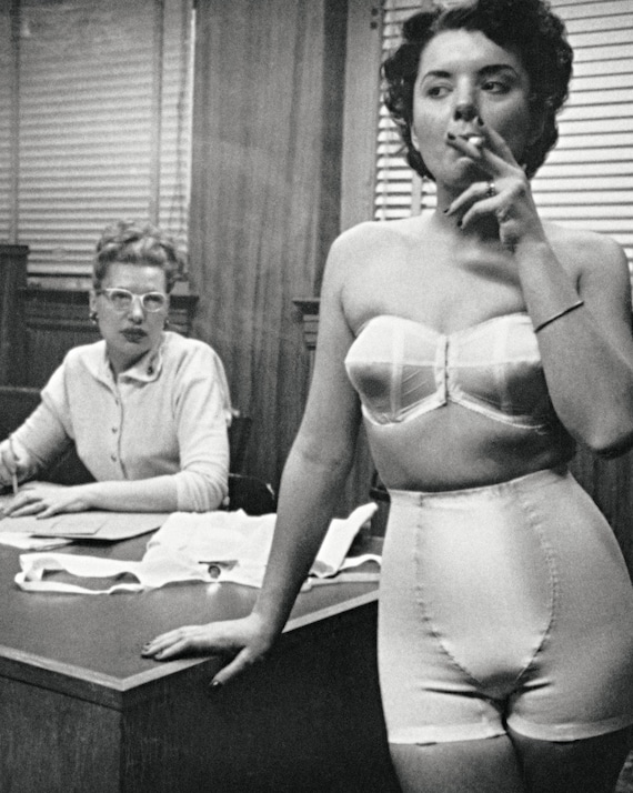 Vintage Photo Print Secretary Office Smoking Woman Black White Photograph  Retro Sexy Bra Girdle Photography Gift Cool Poster Wall Decor Art 