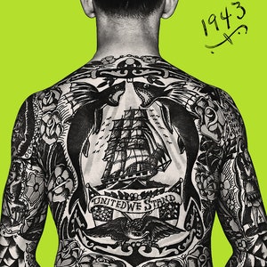 May include: A man with a full back tattoo. The tattoo features a ship, an eagle, and the words "United We Stand". The man's back is facing the camera. The background is a bright green color. The text "ELVIS * 1943" is written in black on the upper right corner of the image.