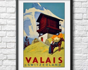 Switzerland vintage travel poster print Valais ad Swiss art retro home decor wall art tourism