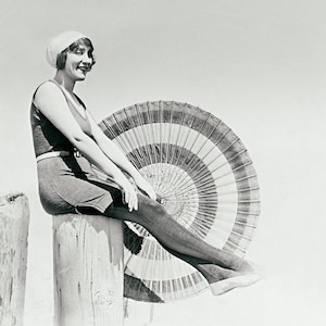 Vintage photo beach house decor black and white photography wall art print poster coastal 1920s bathing beauty woman girl umbrella parasol