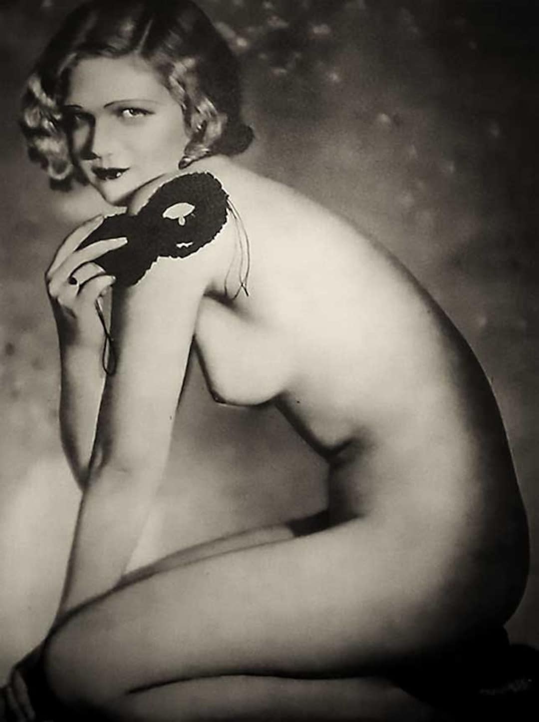 Vintage Nude Photo Print 1930s Naked Woman Mask Studio Manasse picture
