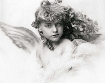 Vintage photo print angel art victorian girl child wall decor antique black and white 1900s beautiful curly hair long ethereal spiritual