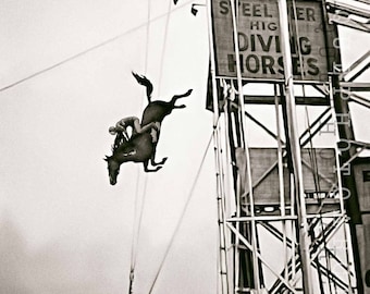 Diving horses vintage photo print art poster antique boardwalk wall decor gift unusual strange weird black and white 1930s