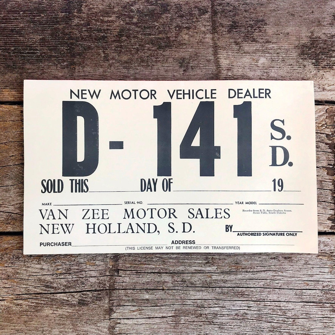 Vintage Temporary Paper License Plate Van Zee Motor Sales New Holland