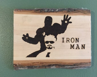 Iron man hand burned wood art decor