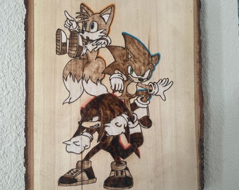 Sonic tails knuckles hand burned wood art decor