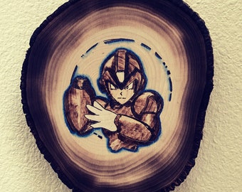 MegaMan hand burned wood art decor