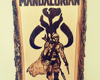 Mandalorian hand burned wood art decor