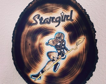 Star girl hand burned wood art decor